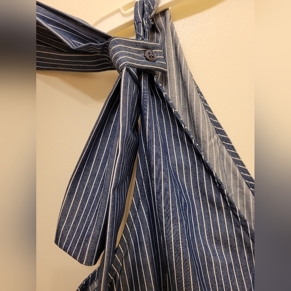 Cremieux Ribbon Tie Strap Blue White Pinstripe Romper Size 10 - Picture 3 of 13